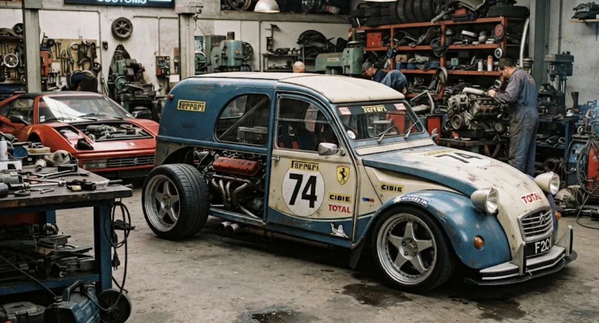 Carrosserie de 2CV fourgonnette montée sur un châssis de Ferrari F355, vue de trois quarts avant