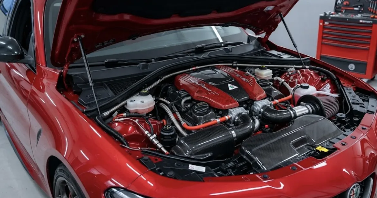 V6 biturbo 2,9 litres d'une Alfa Romeo Giulia Quadrifoglio, capot ouvert