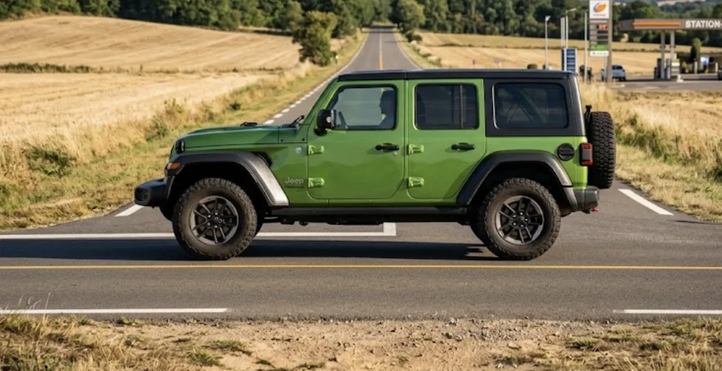 Jeep Wrangler vue de trois quarts sur une route de campagne