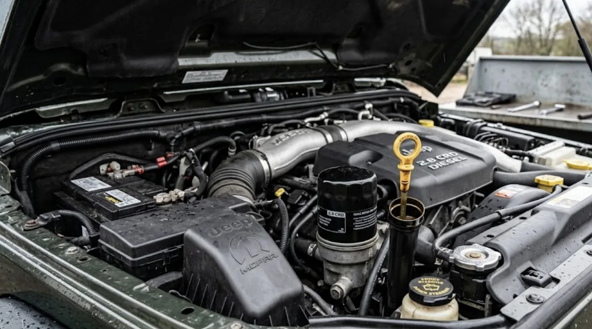 Moteur diesel 2.8 CRD sous le capot d'un Jeep Wrangler