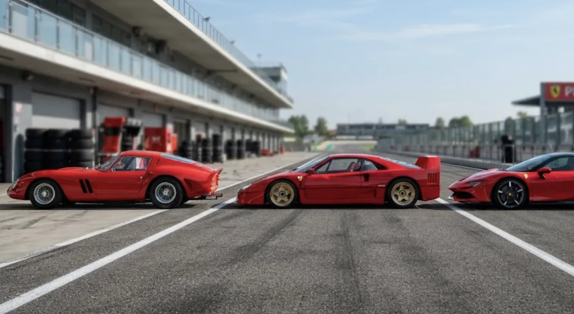 Gamme Ferrari alignée, de la F430 à la F80, illustrant l'écart de puissance entre modèles