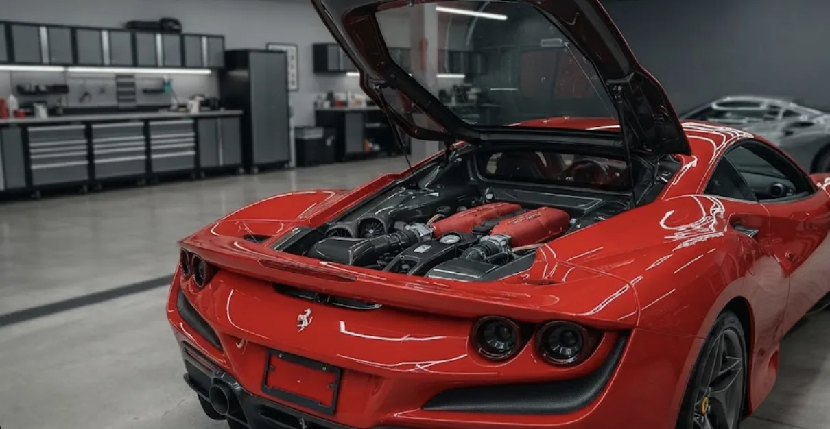 Ferrari 296 GTB capot arrière ouvert, montrant le V6 en position centrale arrière