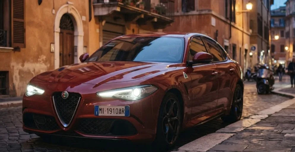 Alfa Romeo Giulietta compacte italienne garée en ville, vue de trois quarts