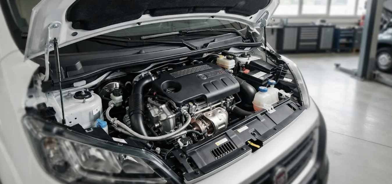 Moteur Fiat Ducato 2.3 JTD 110 ch dans son compartiment, capot ouvert