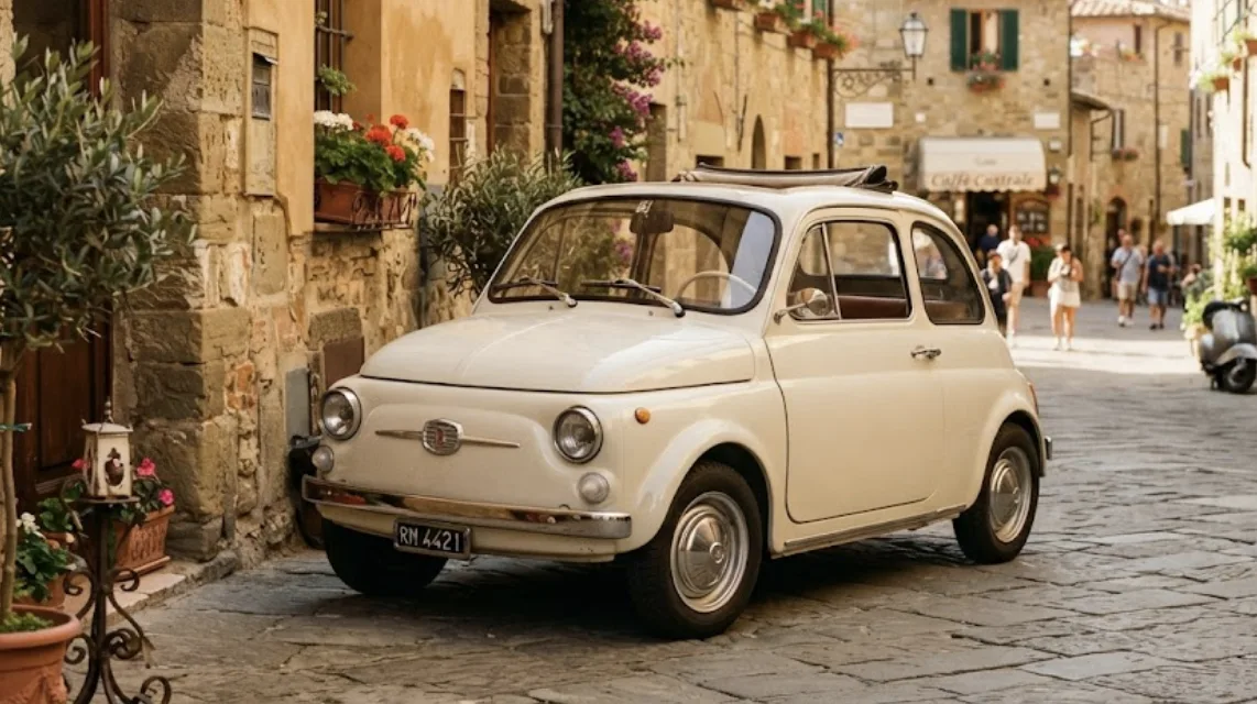 Fiat 500 de couleur claire garée en ville, vue trois quarts avant
