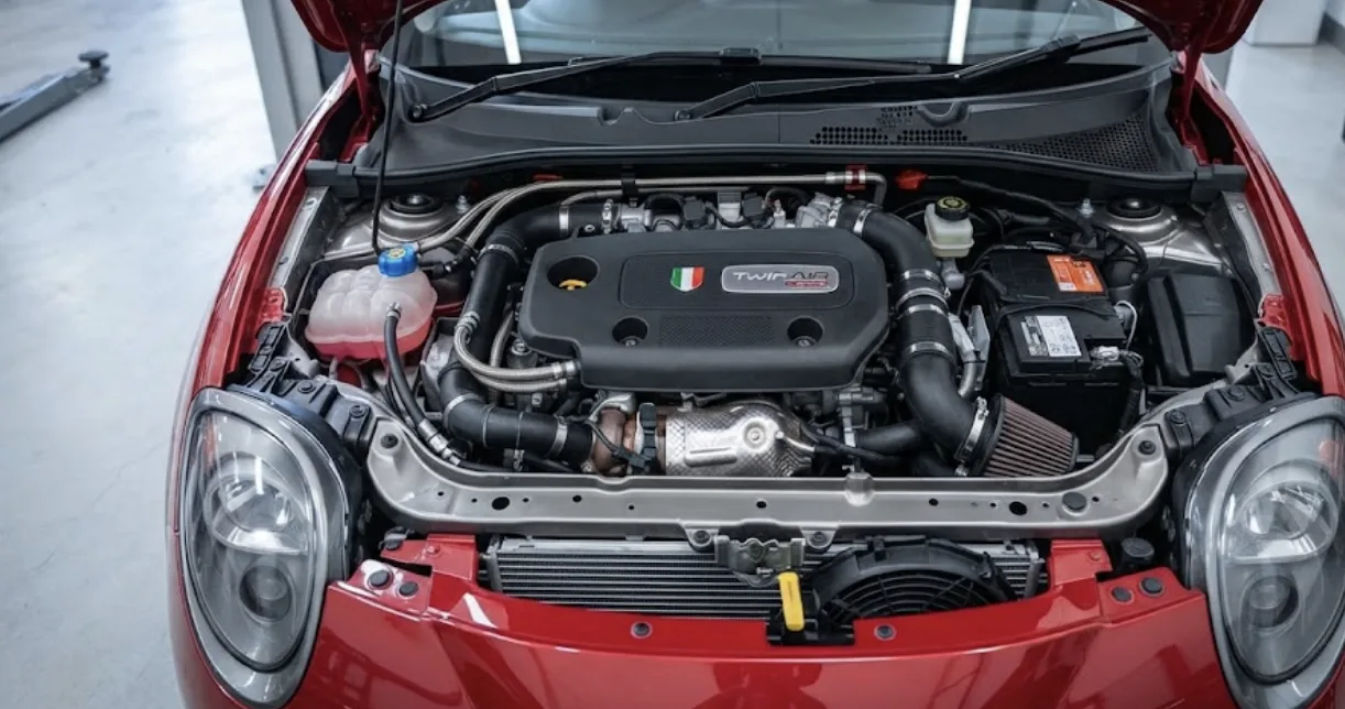 Compartiment moteur d'une Fiat 500 équipée du bicylindre turbo 0.9 TwinAir