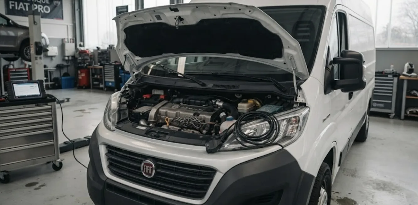 Fiat Ducato utilitaire blanc capot ouvert lors d'un diagnostic moteur en atelier
