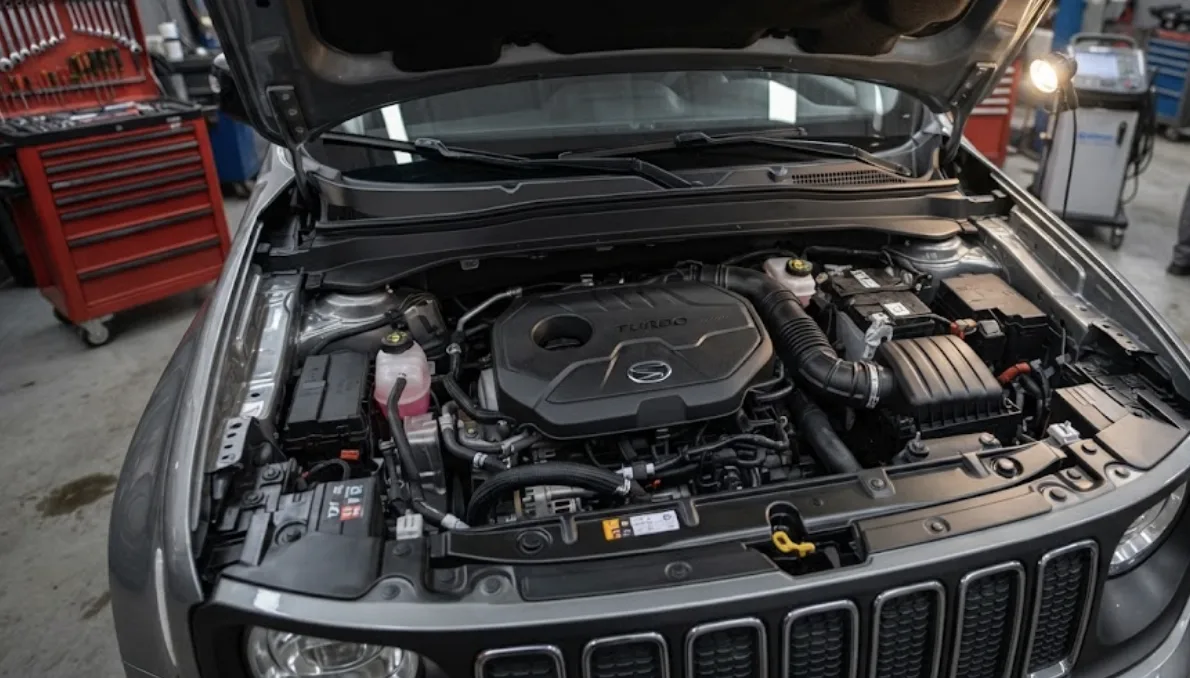 Compartiment moteur d'une Jeep Renegade 1.4 MultiAir turbo, cache moteur en place