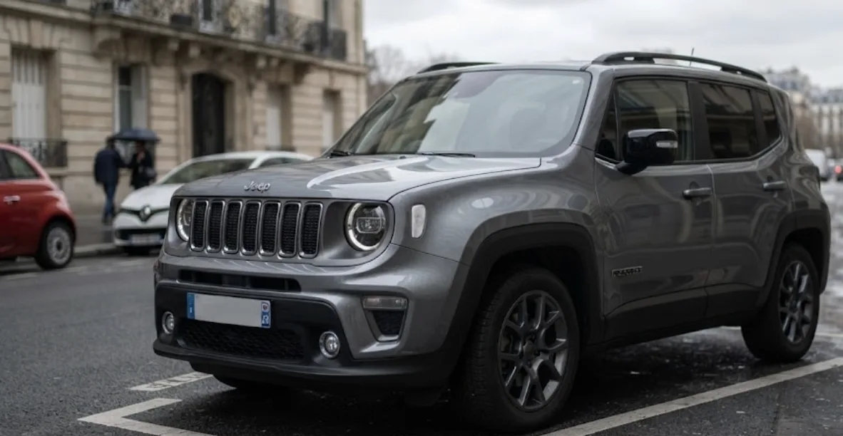 Jeep Renegade garée en ville, vue de trois quarts avant
