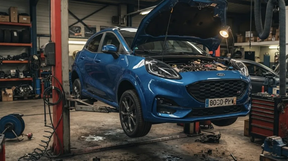 Jeep Renegade sur un pont élévateur de garage, capot ouvert