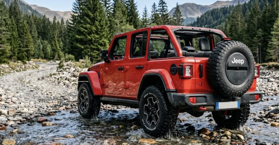 Jeep Wrangler vu de trois quarts avant sur un chemin caillouteux