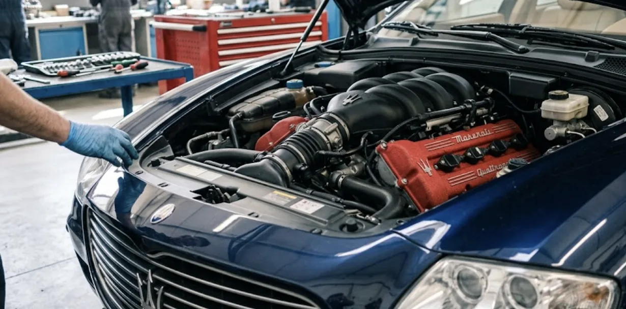 Bloc V8 Ferrari Maranello monté sous le capot ouvert d'une Maserati GranTurismo