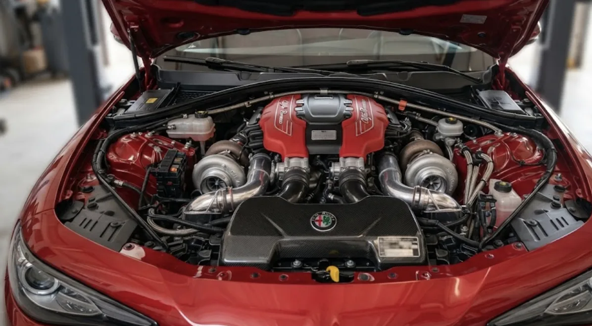 V6 2,9 L bi-turbo de l'Alfa Romeo Giulia Quadrifoglio dans son compartiment moteur