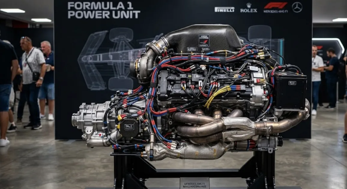 Power unit Ferrari de Formule 1, V6 turbocompressé hybride, vue d'atelier