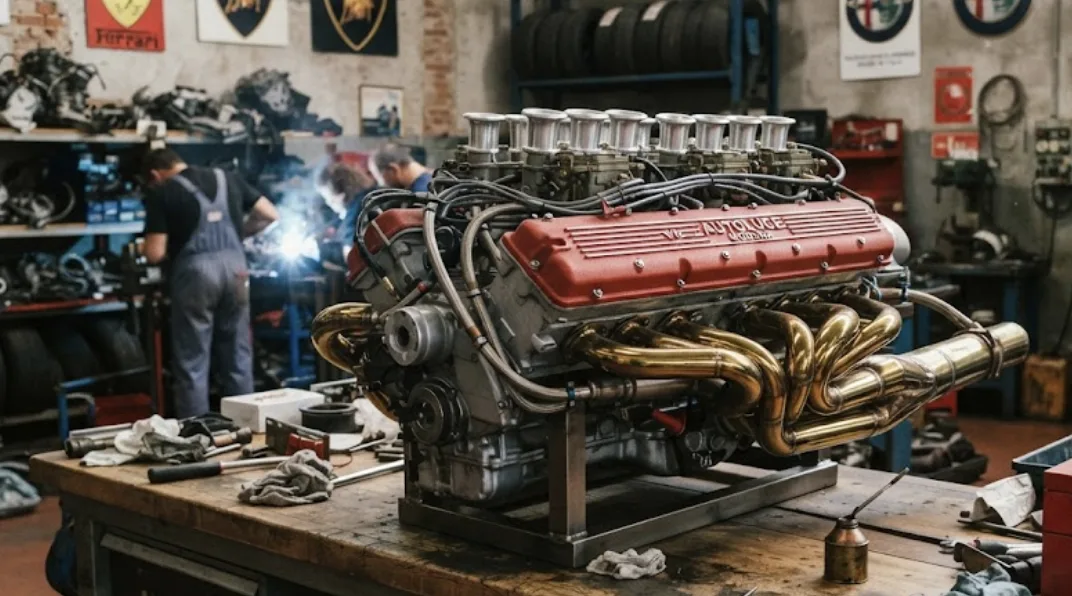 Moteur Ferrari V12 atmosphérique exposé hors de son châssis, dans un atelier de Maranello