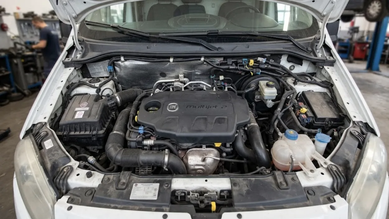 Moteur diesel Fiat Ducato 2.3 Multijet 130 ch vu capot ouvert