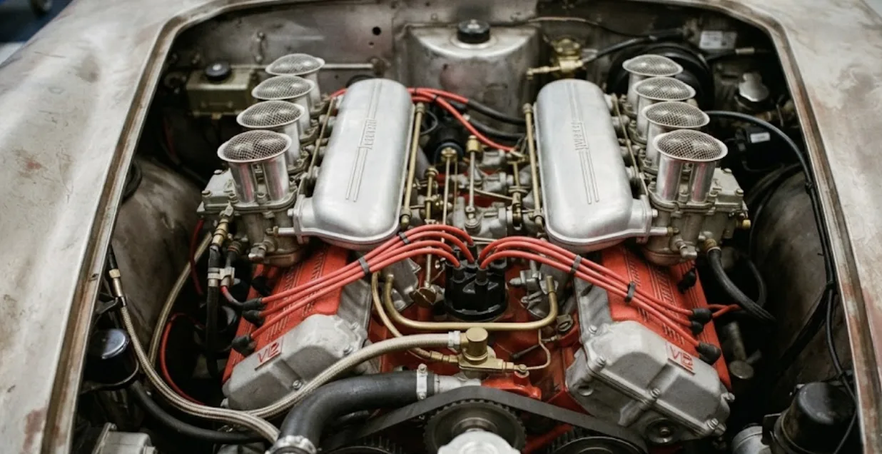 Moteur V12 atmosphérique Ferrari de 6,5 litres, vue de dessus, collecteurs apparents