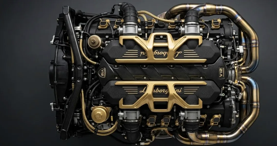Moteur V12 Lamborghini vu de dessus dans le compartiment moteur