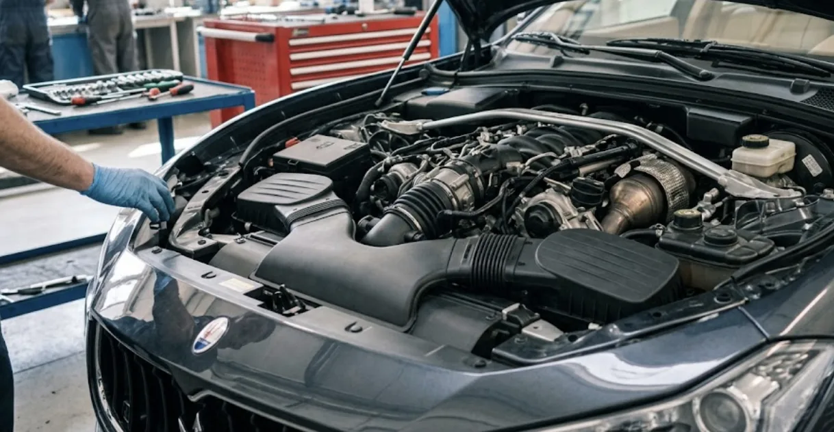 Vue moteur V6 BiTurbo diesel sous le capot d'une Maserati Ghibli
