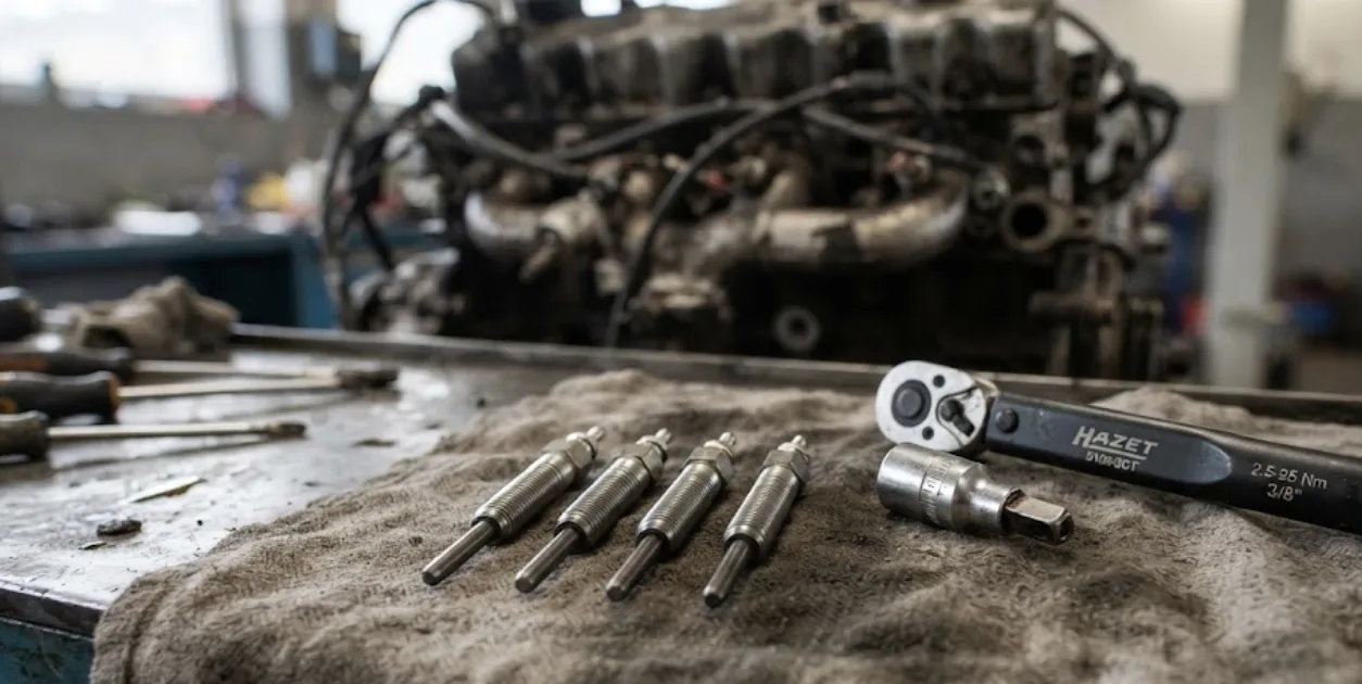 Bougies de préchauffage neuves posées devant un moteur Fiat Ducato 2.3 Multijet