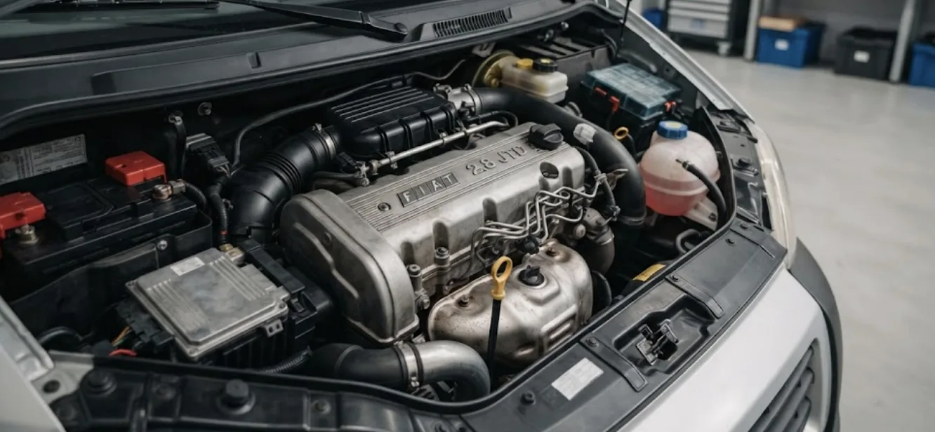 Moteur diesel Fiat Ducato 2.8 JTD vu capot ouvert sur un porteur de camping-car
