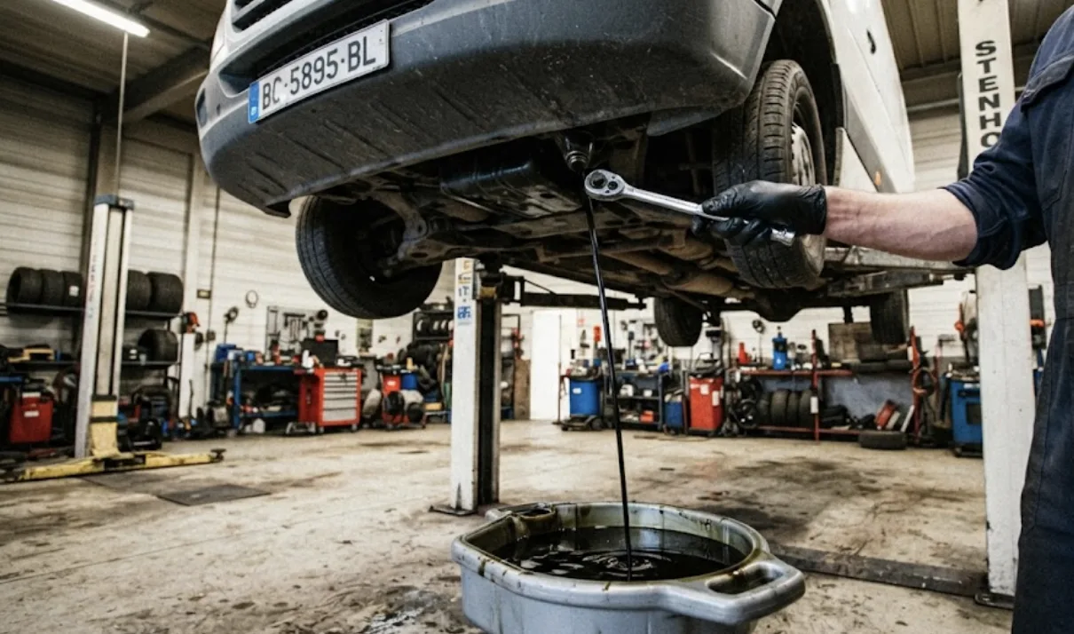 Vidange d'huile moteur en cours sur un Fiat Ducato 140 CV